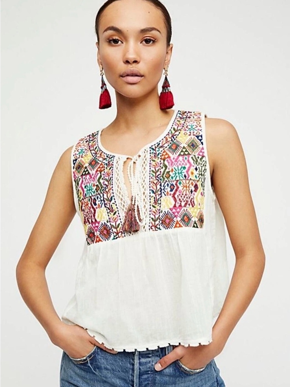 Free People Lohri Top White Sleeveless Embroidery Boho NEW With Tag Size Medium